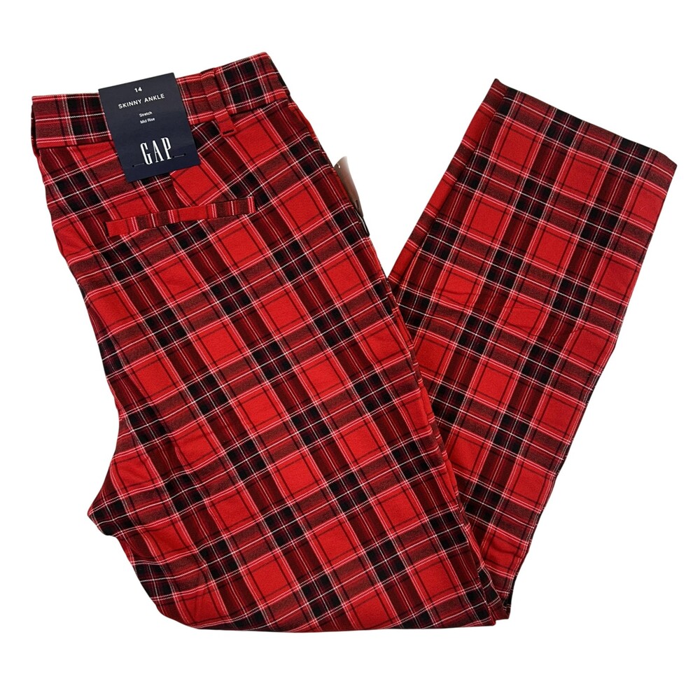 Gap Pants Womens 14 Red Plaid Signature Skinny Ankle Mid Rise Stretch Twill